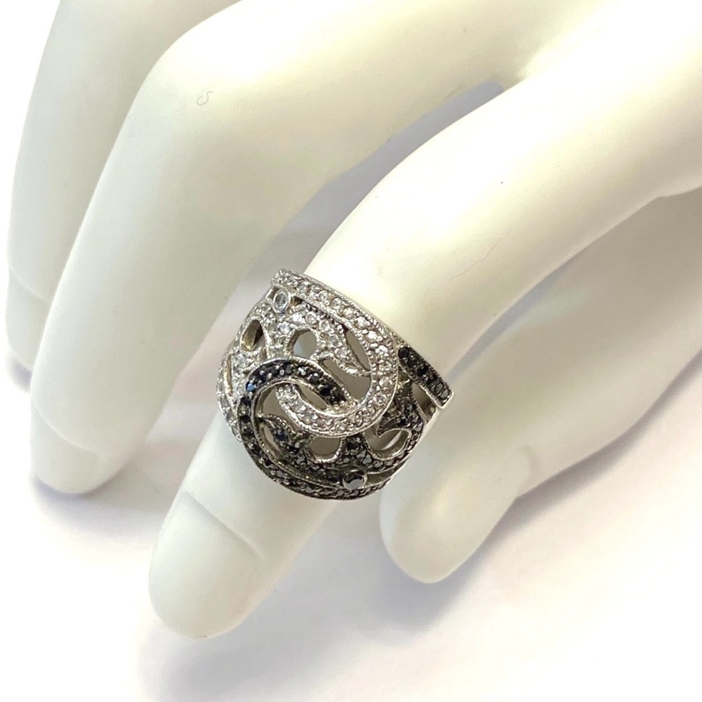 Sterling Silver Pave Rhinestone Yin Yang Ring Wide Band Size 6